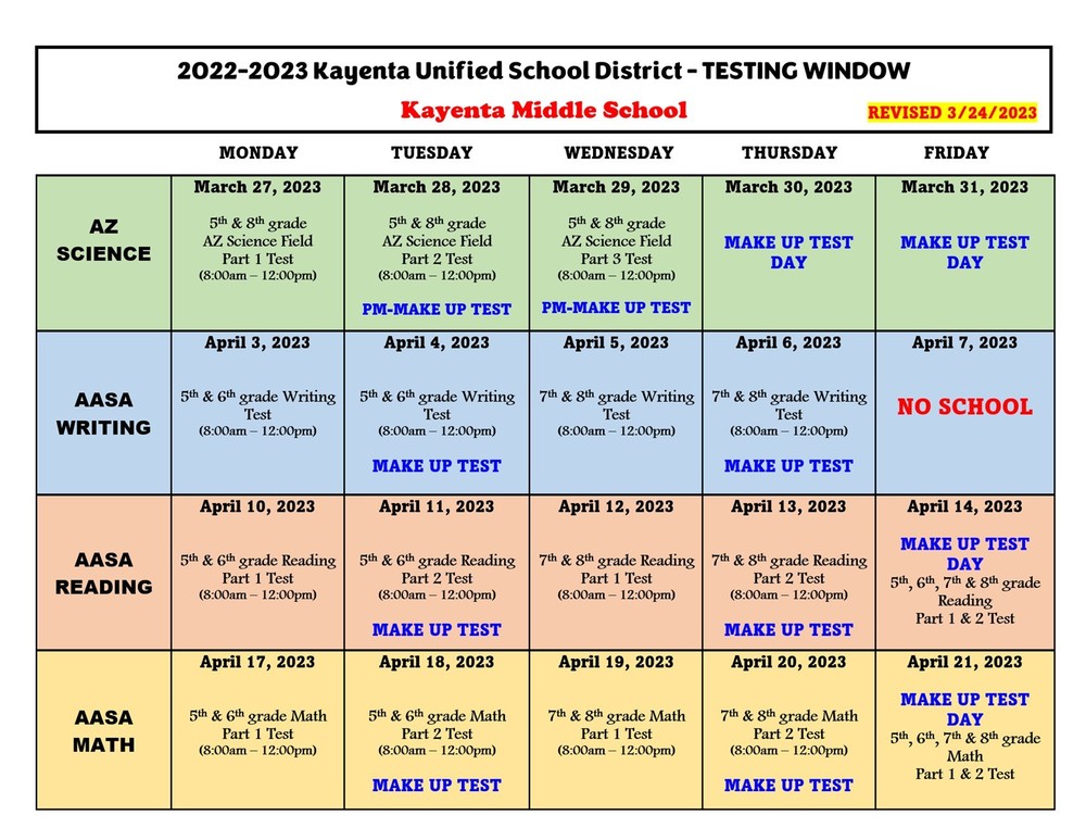 KMS Testing Window for Grades 58 Kayenta Middle School